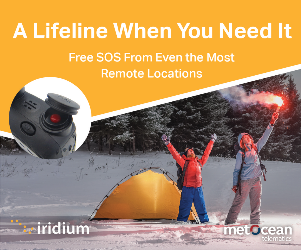 The text "A lifeline when you need it" featuring the Iridium phone SOS button over a background of two stranded campers on a snowy mountain