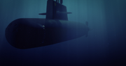 A submarine moving deep underwater