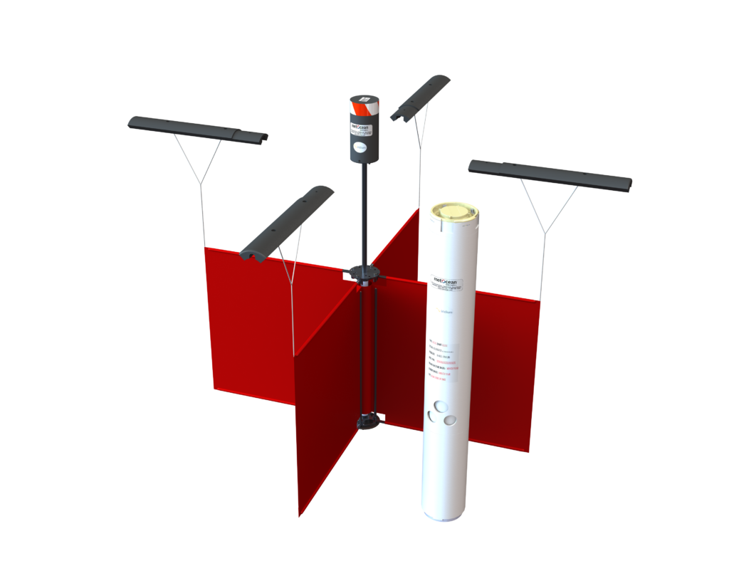 Rendered image of the iSLDMB showing the buoy housing alongside its deployed drogue system, including stabilizing arms and underwater sail panels designed to track ocean surface drift.